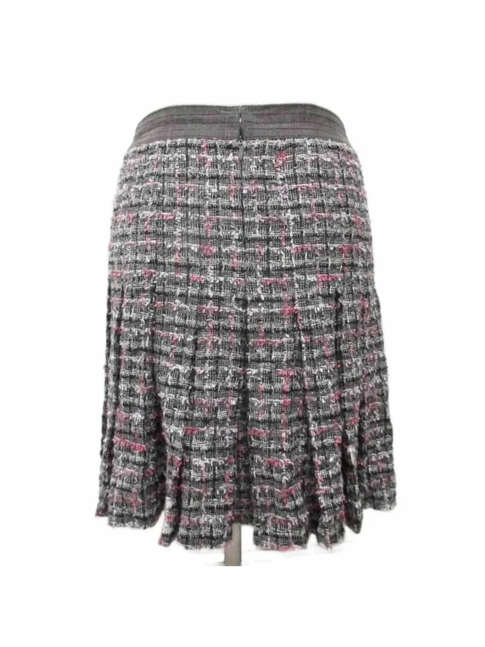 Chanel CC Logo Tweed Skirt Flare Knee Length 100% Silk 36 Black Pink